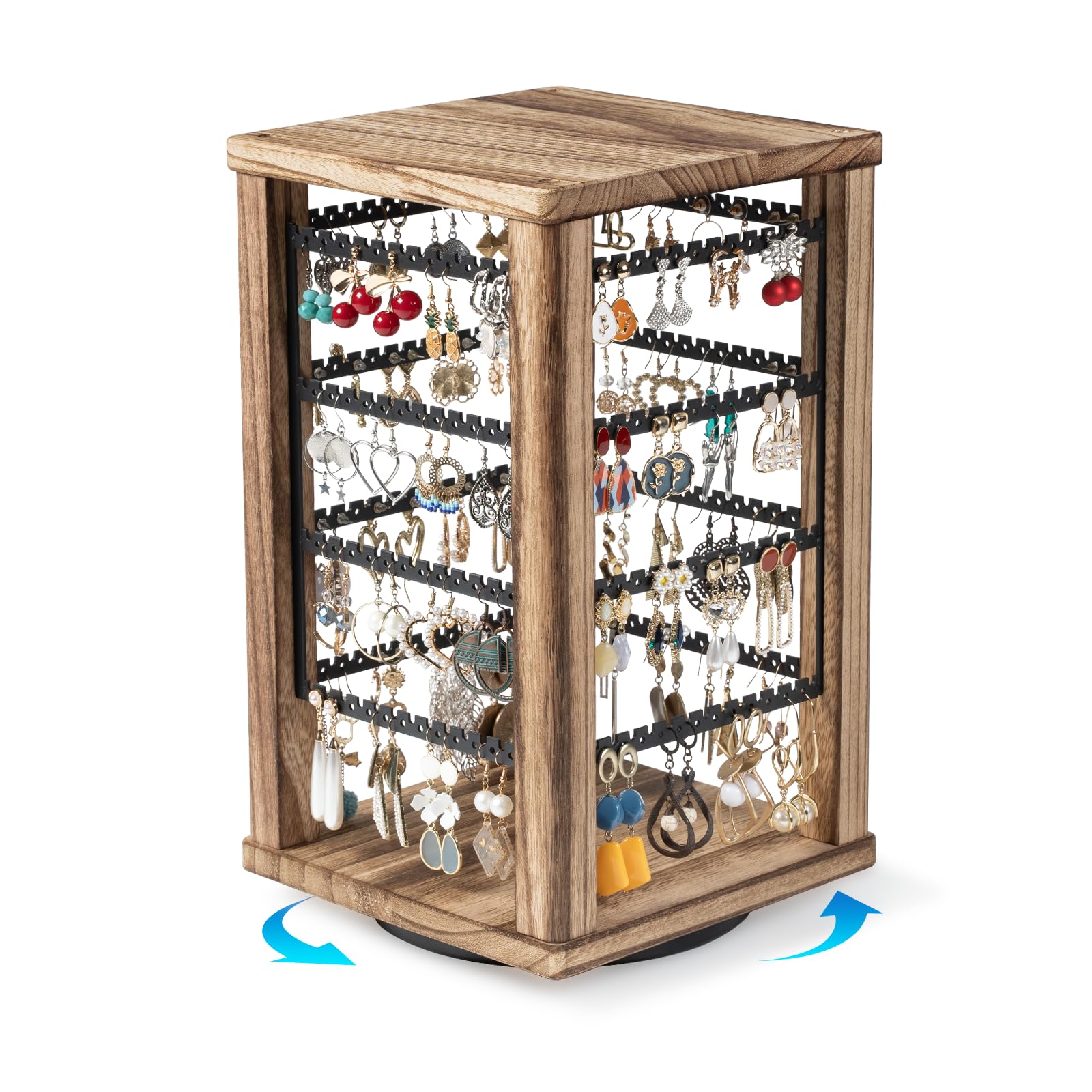 Emfogo 360 Earring Holder Organizer, Rustic Wood Earring Stand, Rotating Wooden Display, 4 Tiers Earring Organizer Stand for Stud Earrings, Hoop Earrings & Necklaces, Women Gifts