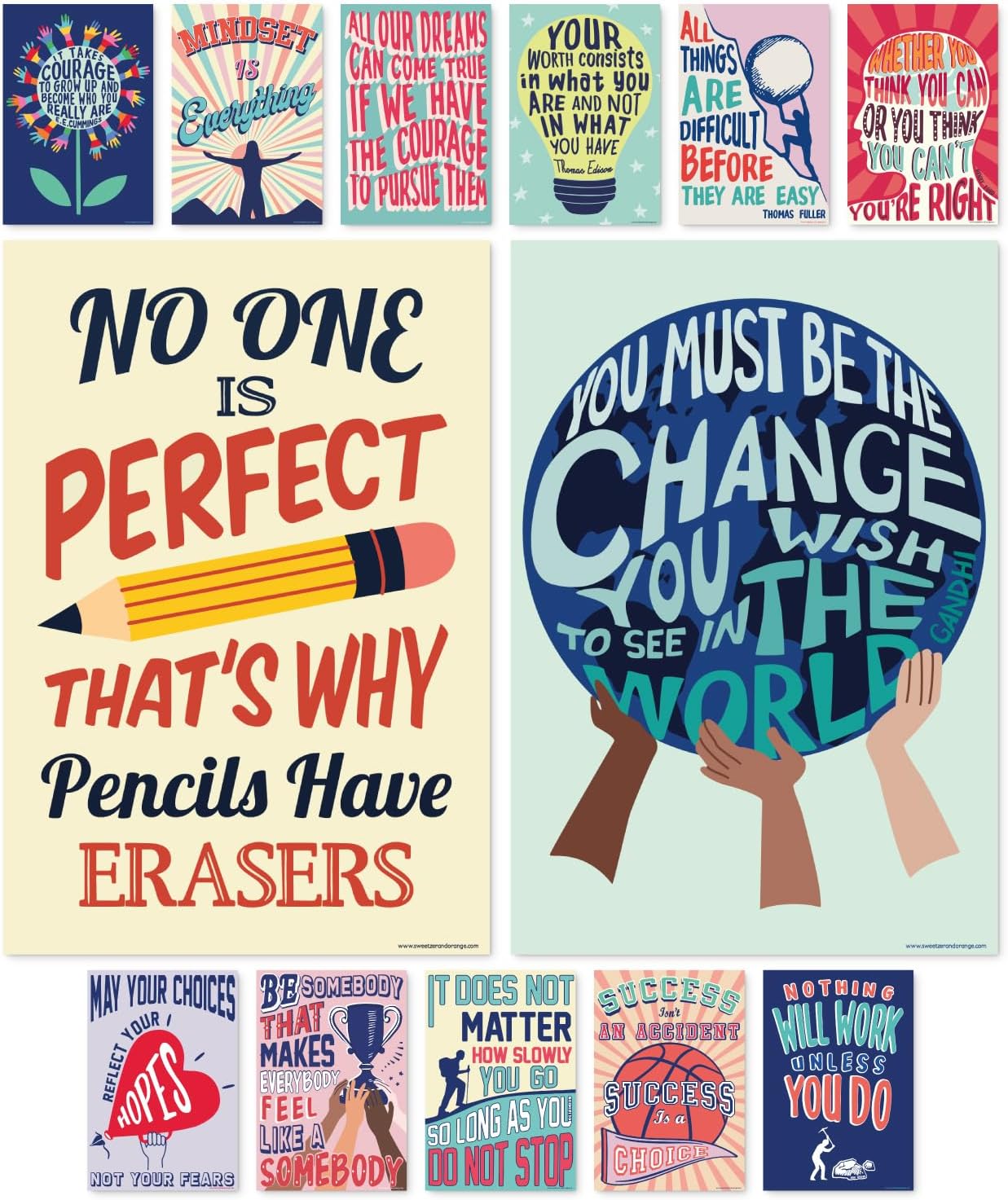 Sweetzer & Orange Growth Mindset Posters - Motivational Wall Art for Classroom | Set of 13, 15 x 22”