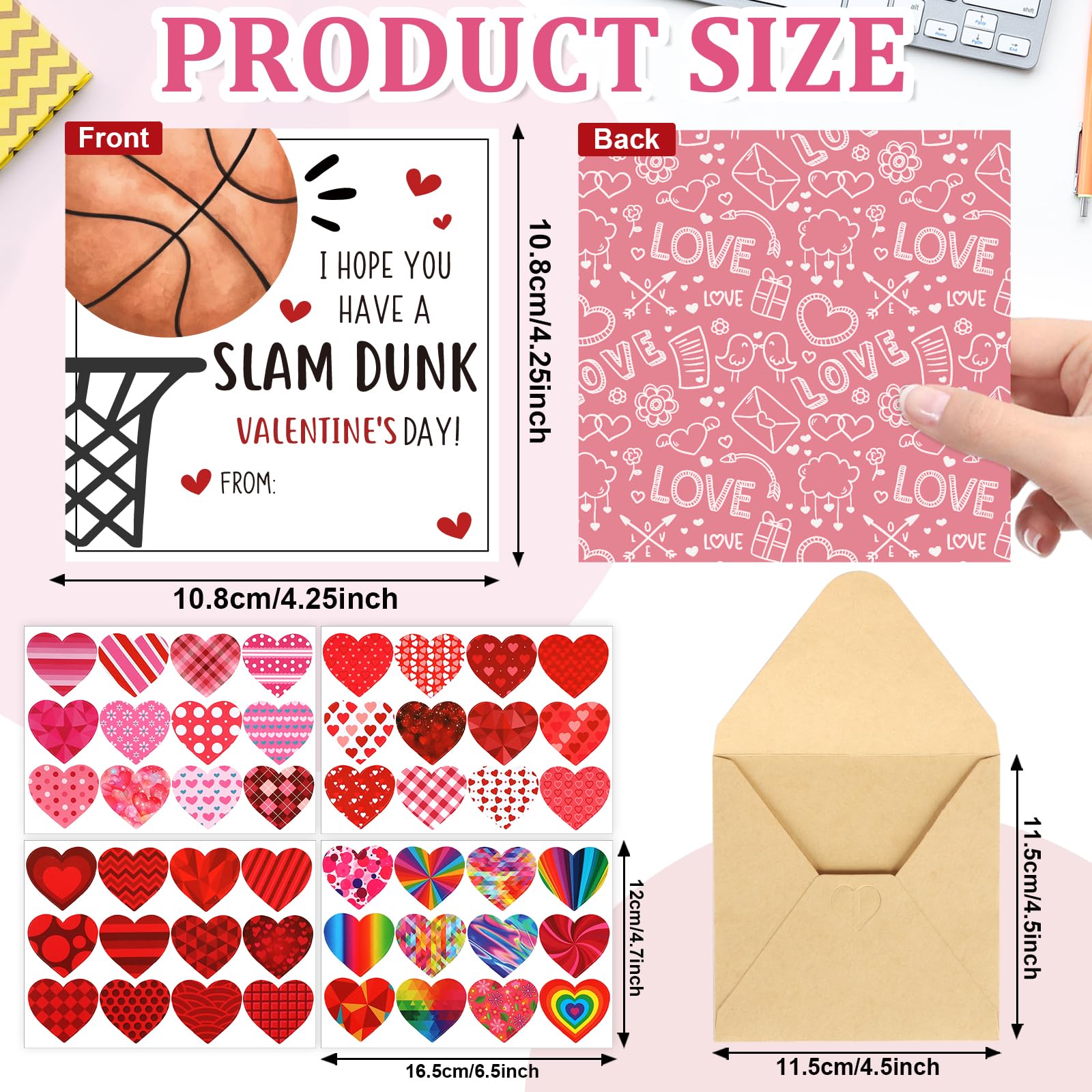 Hedeey 48 Pack Valentines Day Cards for Kids Classroom Basketball Valentine's Day Exchange Greeting Cards with Envelopes and Heart Stickers for Kids Classroom School Party Favors 4.3 * 4.3 inch