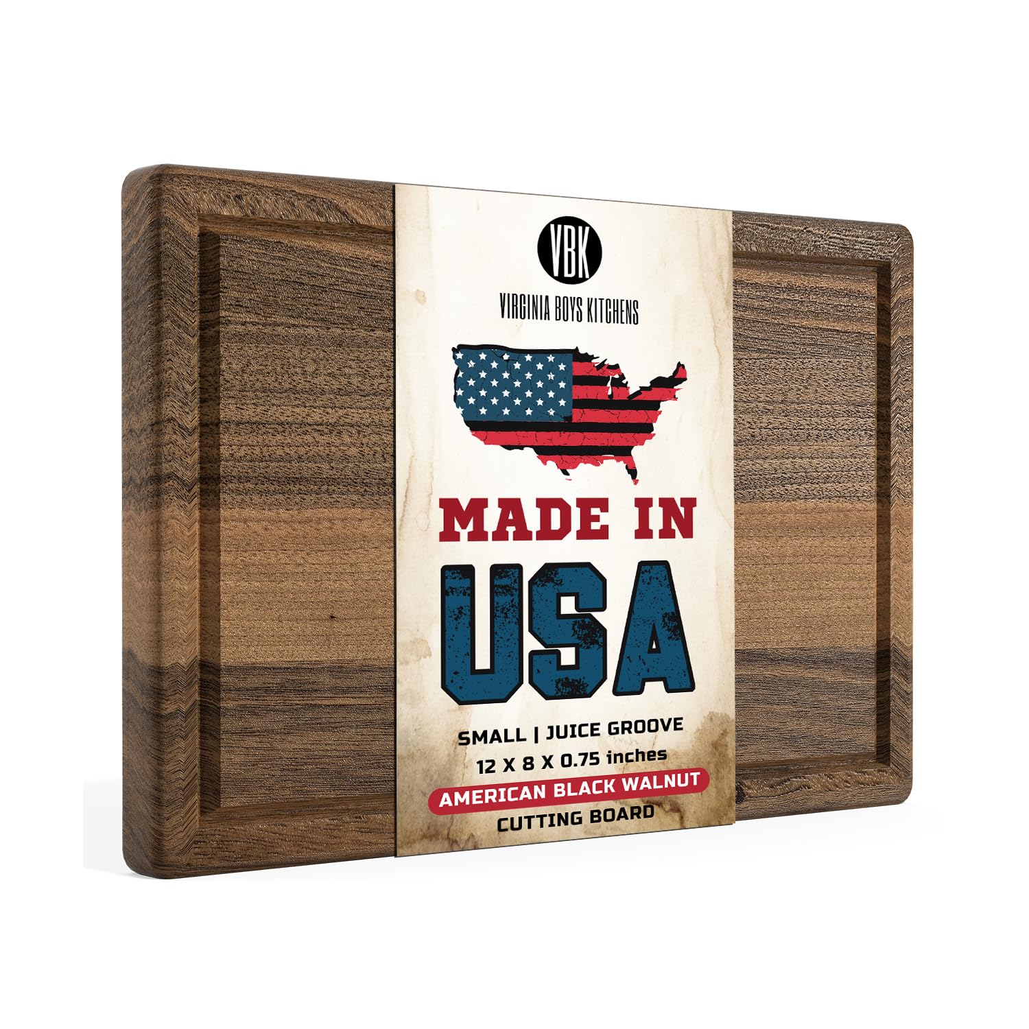 Made in USA Walnut Cutting Board by Virginia Boys Kitchens - Butcher Block made from Sustainable Hardwood (8x12)