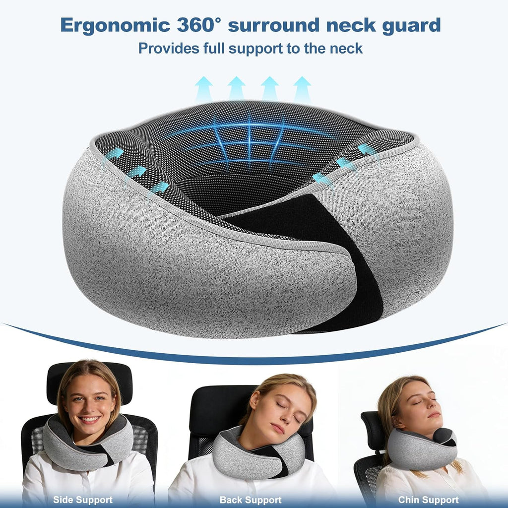 Memory Foam Travel Neck Pillow - Ergonomic 360° Head Support | Includes Eye Mask & Ear Plugs | Ultra Portable Gray Pillow for Flights & Cars