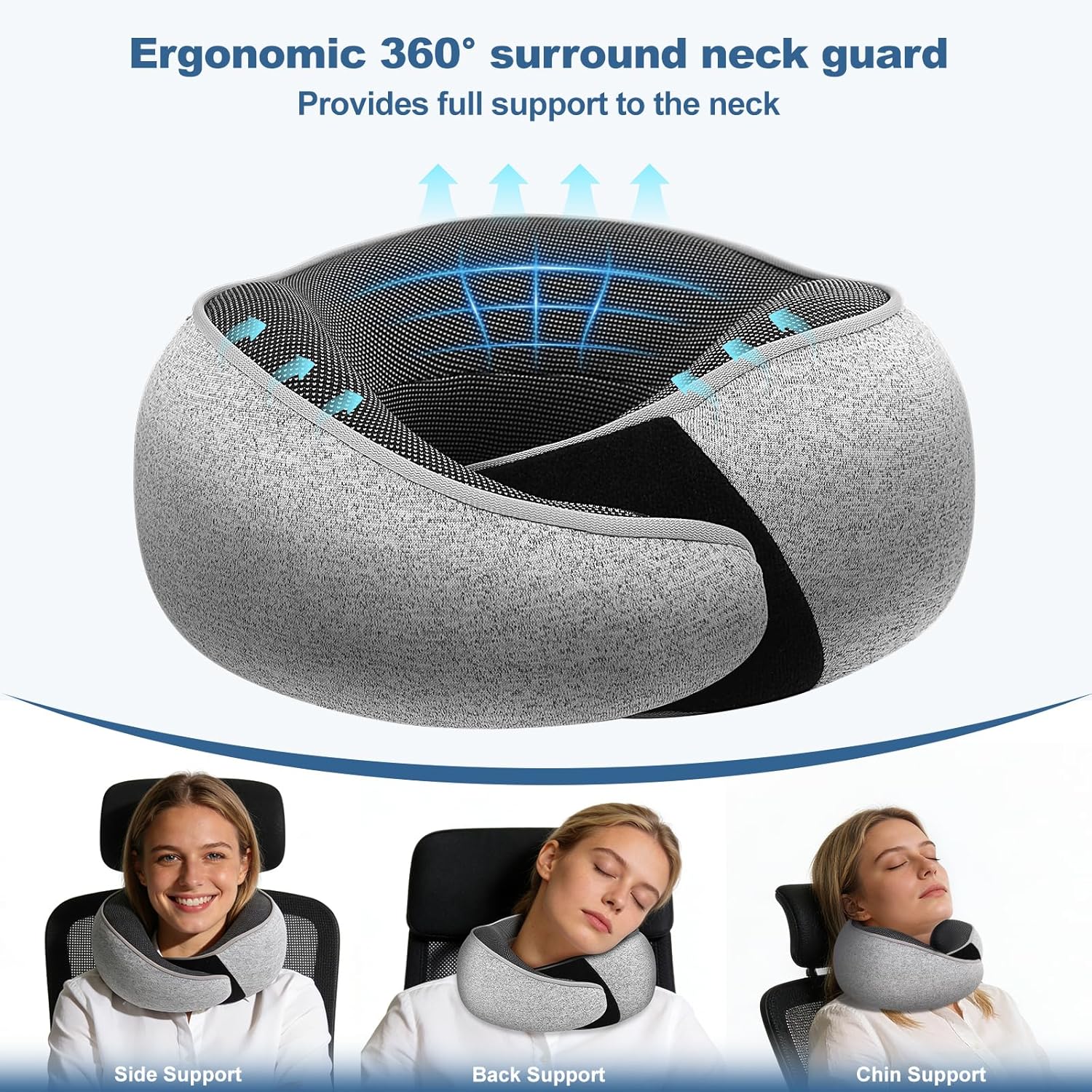 Memory Foam Travel Neck Pillow - Ergonomic 360° Head Support | Includes Eye Mask & Ear Plugs | Ultra Portable Gray Pillow for Flights & Cars