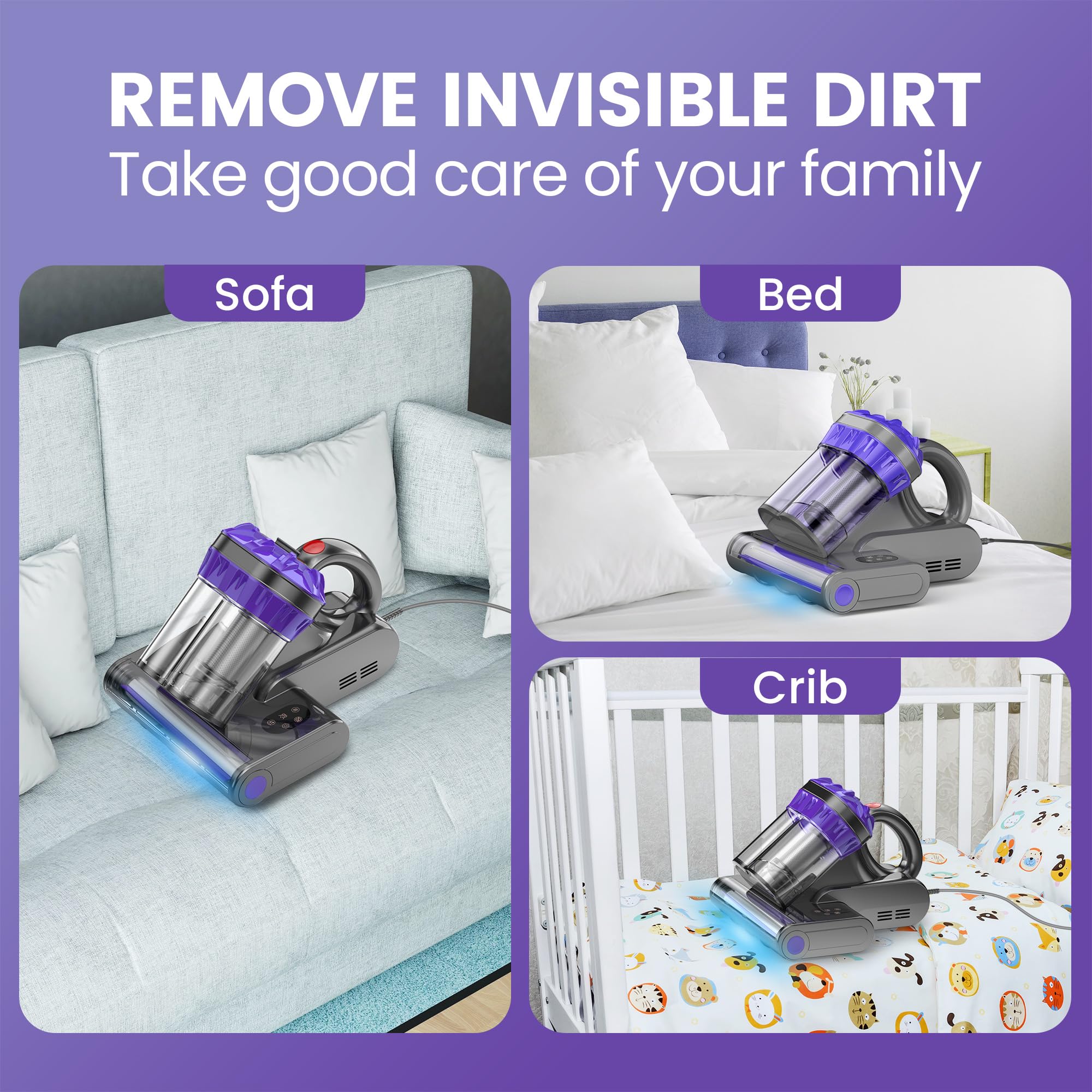 Yassol Mattress Vacuum Cleaner, Handheld Bed Vacuum Cleaner with 16Kpa Suction, 253.7nm UV-C Light, 149℉ Hot Air, Double-Cup Handheld Vacuums for Bed, Sofa, Couch, Crib (Corded, 550W)