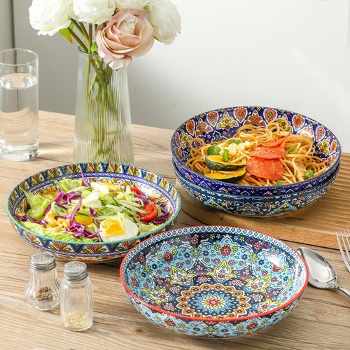 glowworm Pasta Bowls Set of 4, 42 oz Ceramic Salad Bowls for Kitchen, Large Serving Bowls for Ramen, Fruit, Housewarming Gift, Dishwasher & Microwave Safe, Bohemian