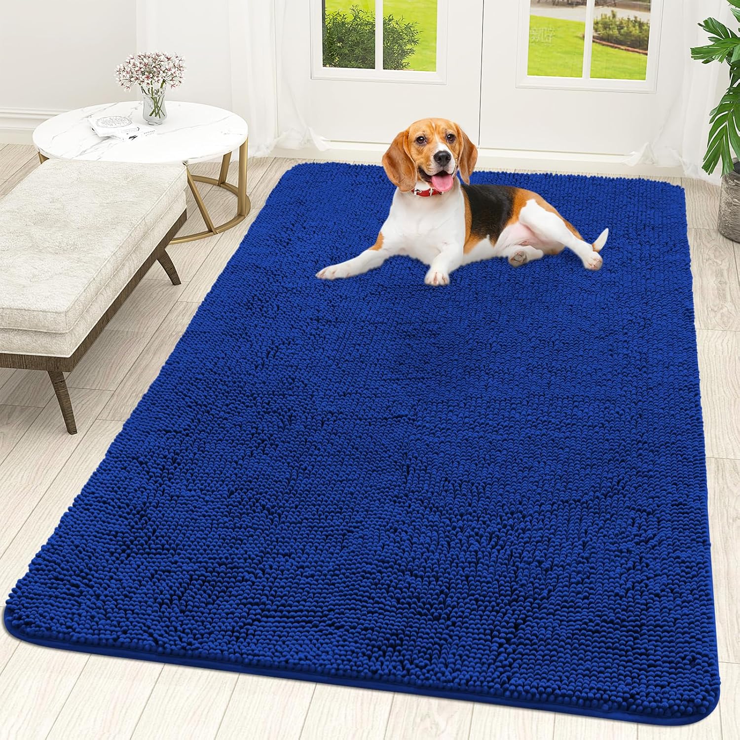 OLANLY Dog Door Mat - Absorbent Non-Slip Chenille Mat for Muddy Paws | 59x35 Royal Blue