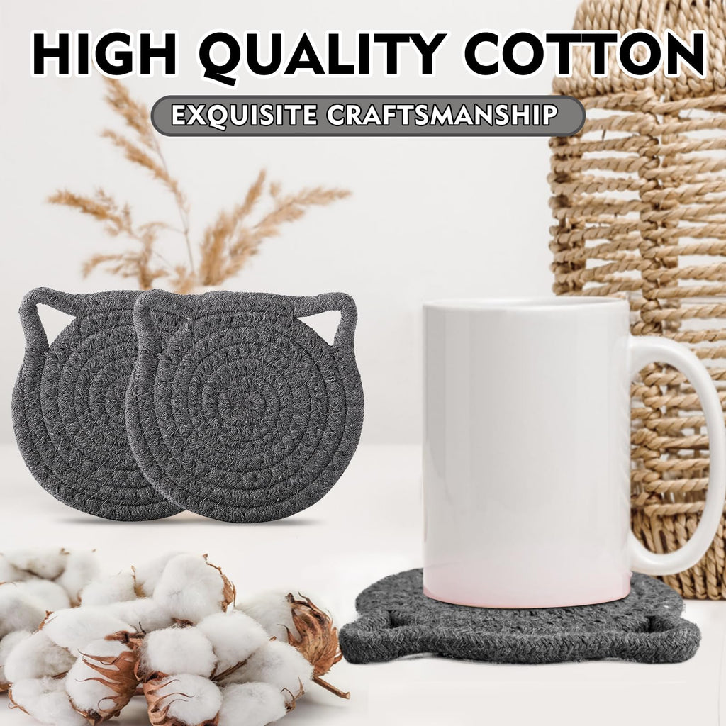 Cute Coasters for Drinks Set of 2, Absorbent Handmade Fabric Drink Coasters for Coffee & Tea -Home Décor Extra Large 4.8 in* 8mm, Protect The Wooden Table Surface (2 Pack-Cat-Ash Gray)