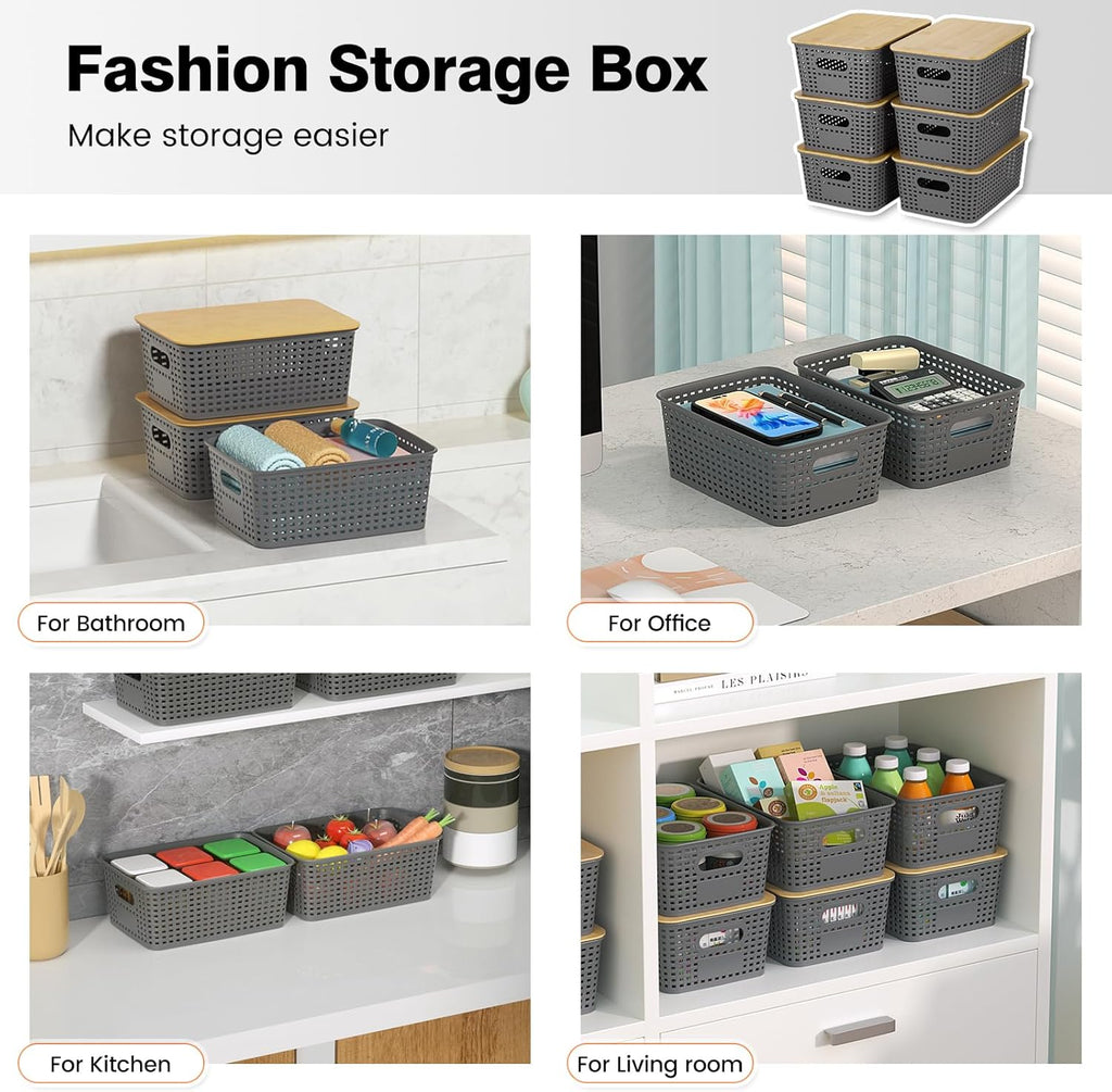 Skiennix Plastic Storage Baskets - Stackable Containers with Bamboo Lid | 6-Pack Gray for Organizing Shelves and Desks