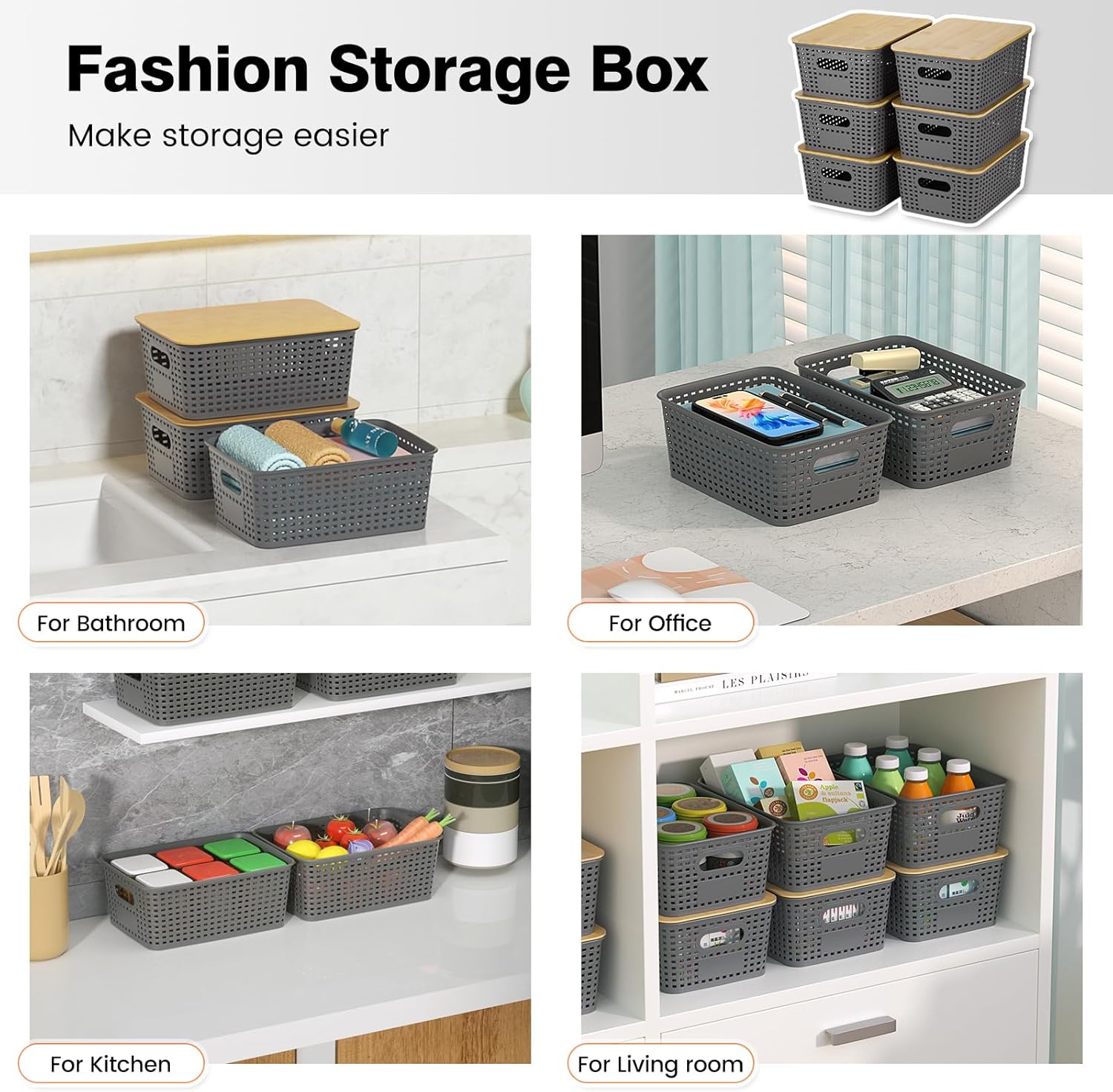 Skiennix Plastic Storage Baskets - Stackable Containers with Bamboo Lid | 6-Pack Gray for Organizing Shelves and Desks