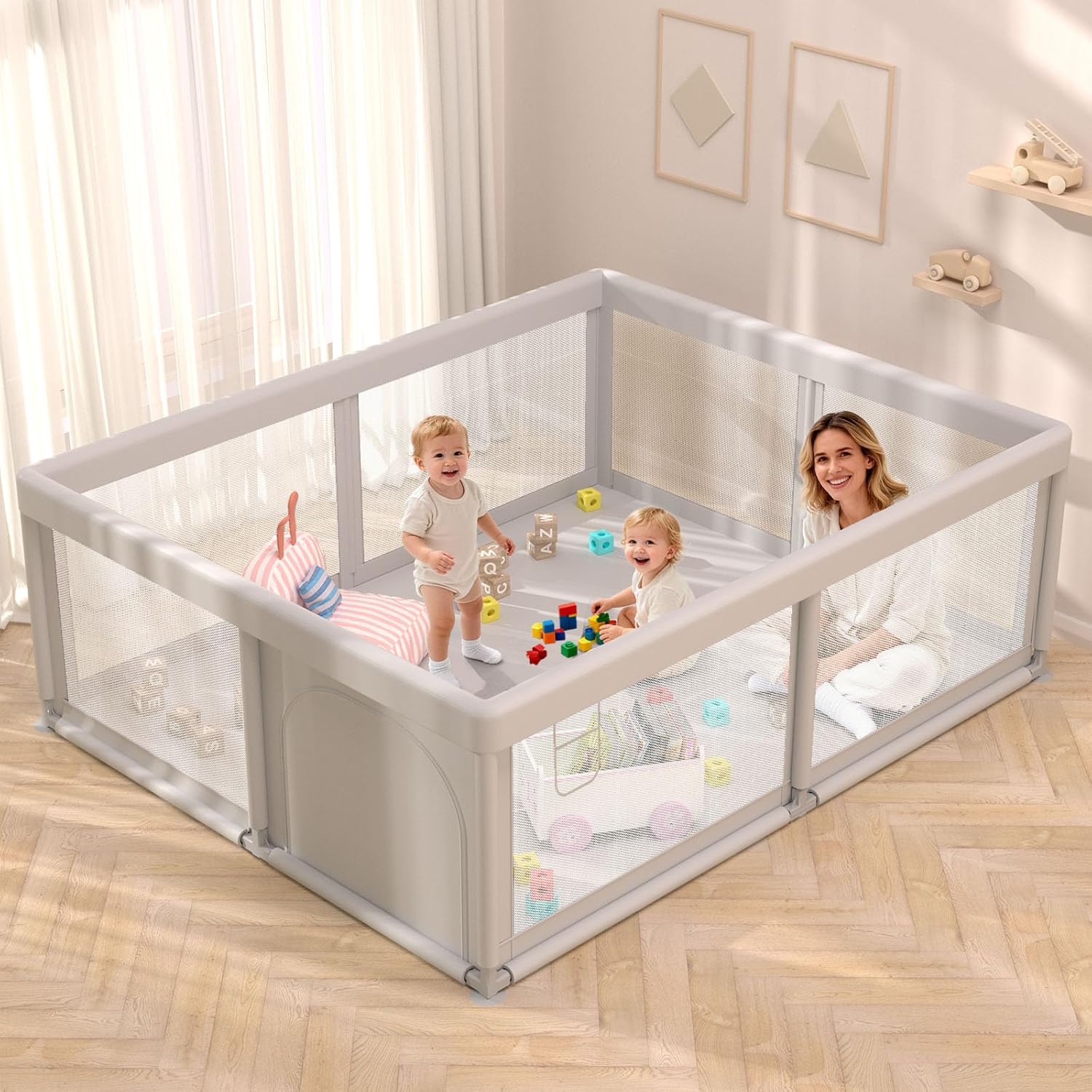 Skiennix Baby Playpen - Breathable Mesh Indoor & Outdoor Play Yard for Toddlers - Grey