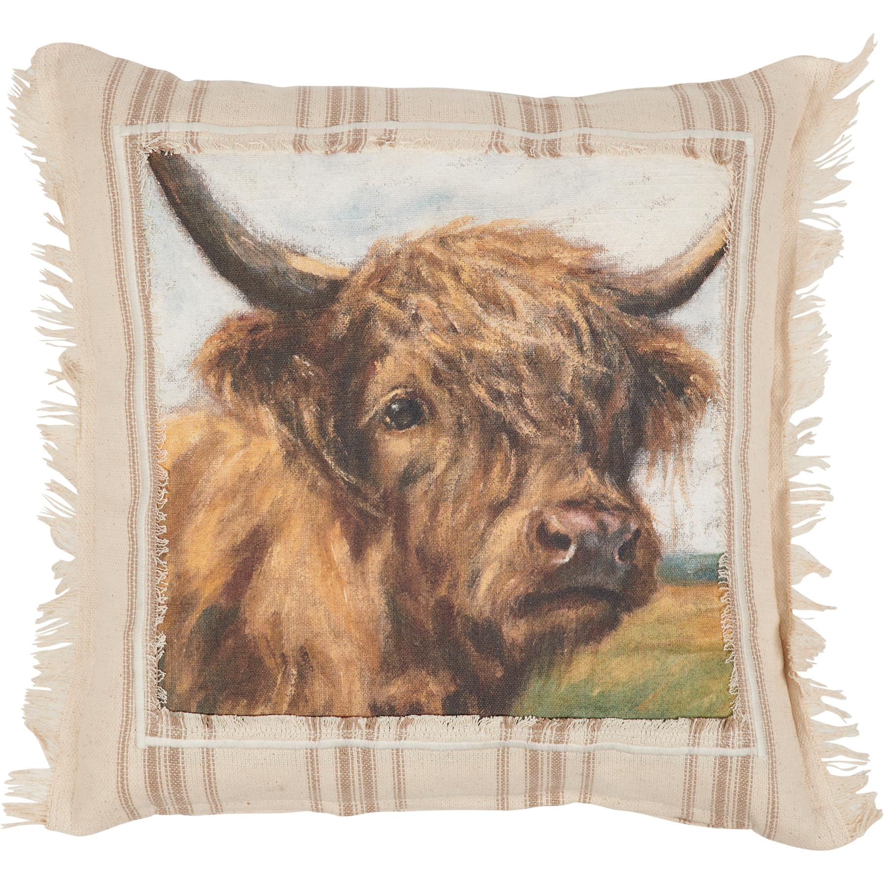 Primitives by Kathy Decorative Pillow - Highland Cow/Zipper Cover/Farmhouse Collection/Featuring a Stitched Art Panel/Frayed Border/Rustic/Homestead/Throw Pillow/Couch/Office Decor/farmlife