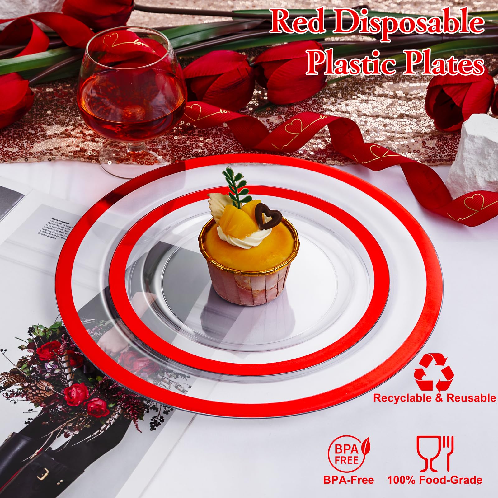 U-QE 120PCS Red Plastic Plates for Party - Red Plates Disposable Heavy Duty - Fancy Disposable Plates Include 60 10" Dinner and 60 7" Dessert Platos for Party, Mother's Day & Special Moments