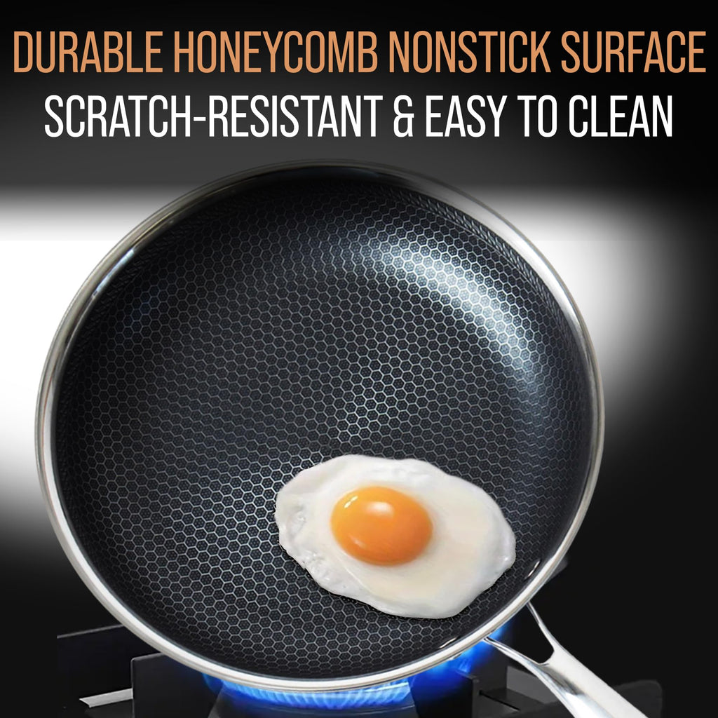 MUGAA 12 Inch Stainless Steel Frying Pan with Lid - Honeycomb Nonstick Skillet - PFOA-Free - Induction Compatible - Oven Safe to 450°F - Dishwasher Safe