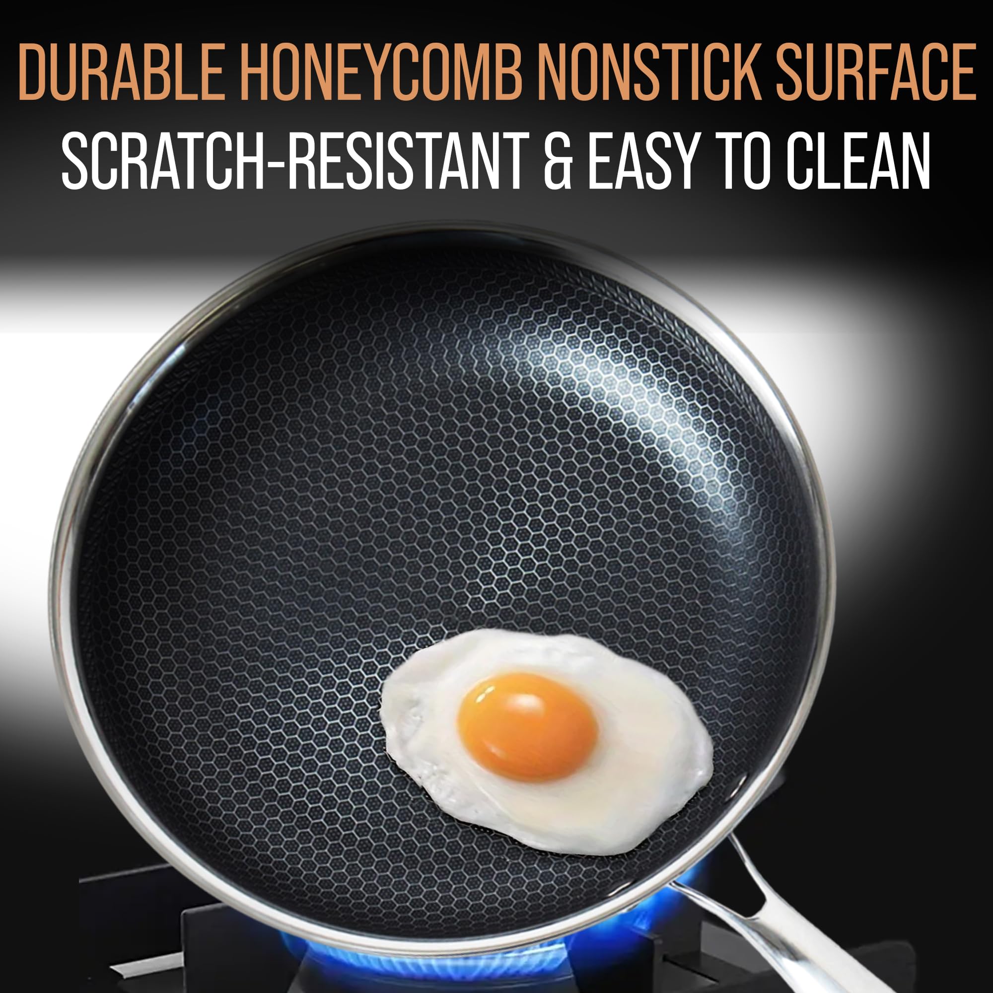 MUGAA 12 Inch Stainless Steel Frying Pan with Lid - Honeycomb Nonstick Skillet - PFOA-Free - Induction Compatible - Oven Safe to 450°F - Dishwasher Safe
