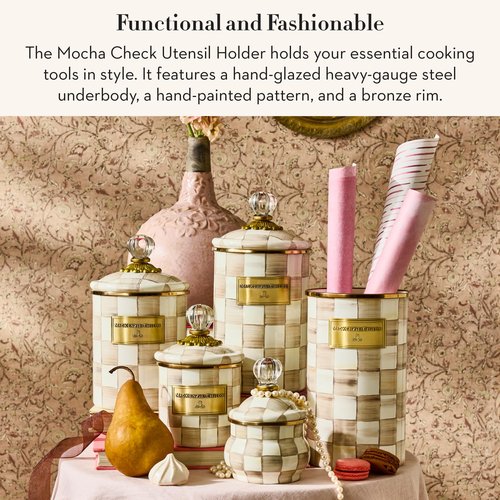 MACKENZIE-CHILDS Enamel Utensil Holder, Kitchen Utensil Holder for Countertop, Brown-and-White Mocha Check