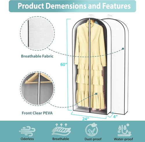 Liuoud 60” Garment Bags - Breathable Fabric with Clear Window & Metal Zipper | 5 Pack for Suit & Dress Storage