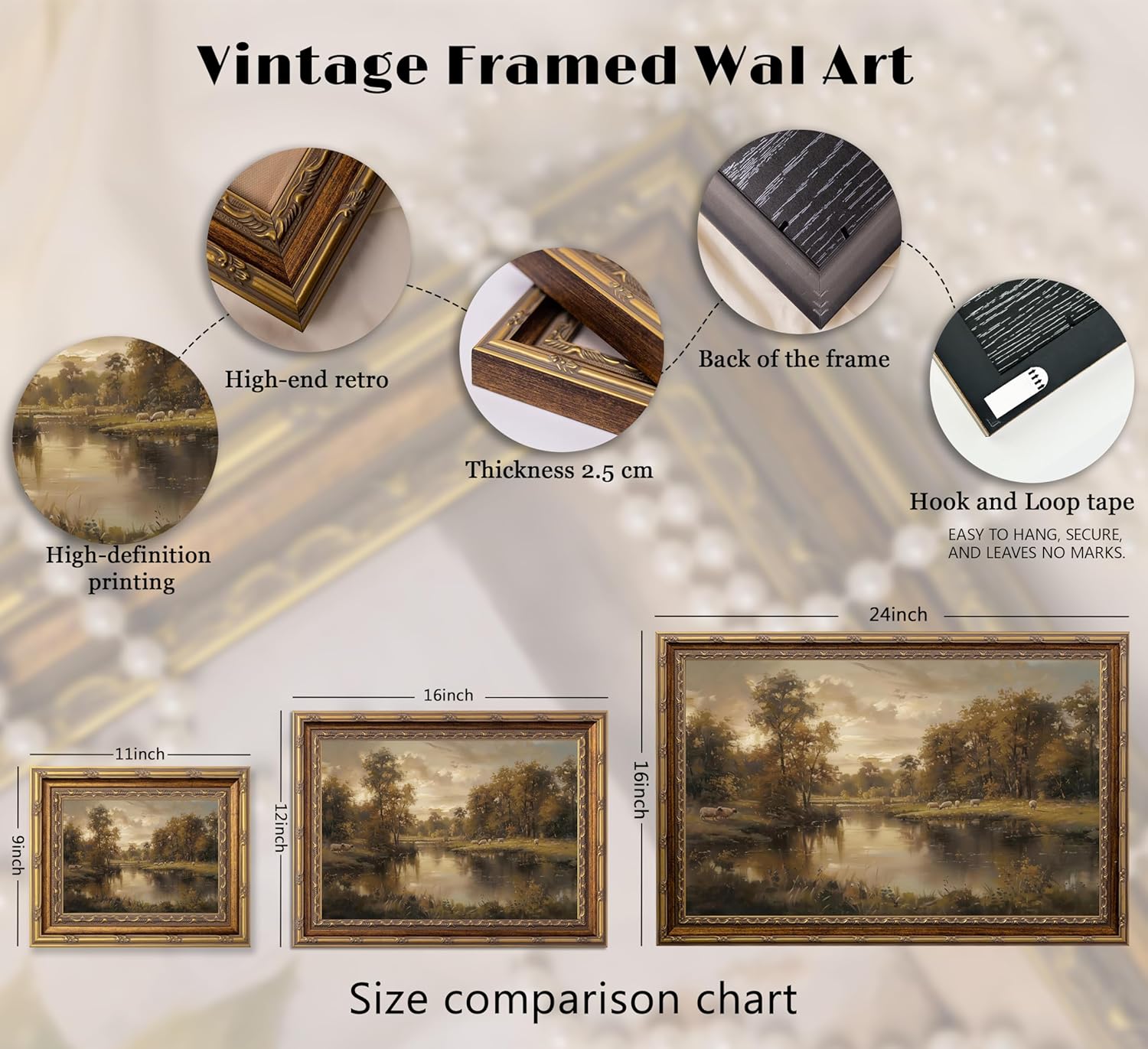 Vintage Gold Framed Landscape Wall Art - River Painting Canvas Print for Living Room & Bedroom Decor