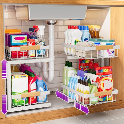 ADBIU Under Sink Organizer - 2 Pack Adjustable Height (11"-15.75") | 2-Tier Pull-Out Sliding Drawers, Heavy-Duty Metal, White