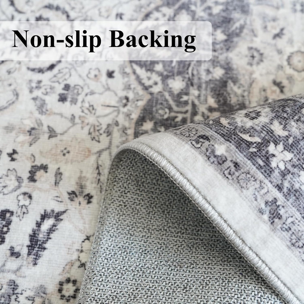 Regine Switzerland 4x8 Washable Runner Rug - Stain Resistant Oriental Design | Soft Non-Slip Carpet for Entryway, Kitchen, and Bathroom (Grey)