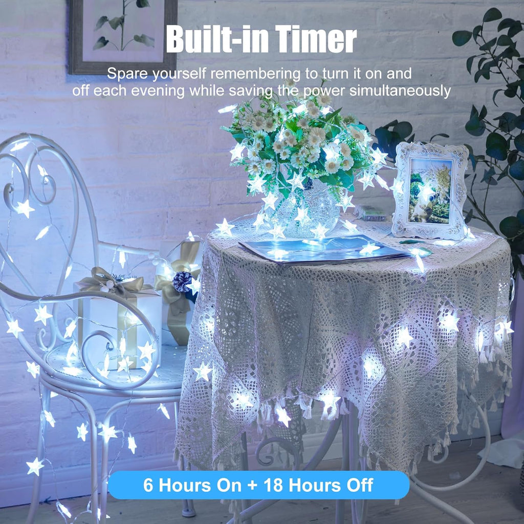 Minetom Star String Lights - 50 LED Waterproof Fairy Lights, 17 ft with Timer for Indoor & Outdoor Decor