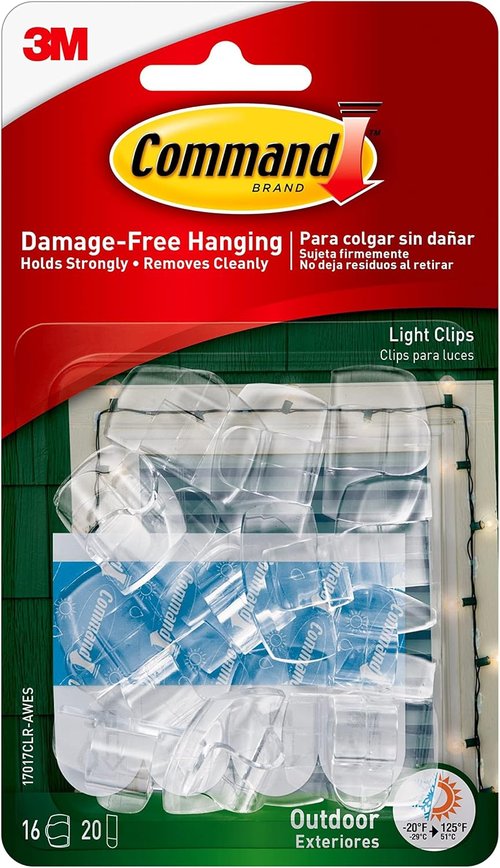 Command Outdoor Light Clips - Water-Resistant Adhesive Clips & Strips | 16 Clips, 20 Strips, Clear