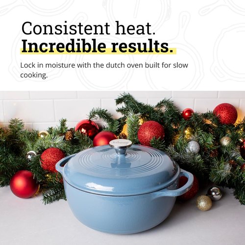 Lodge Enameled Cast Iron Dutch Oven | 3 Quart with Lid & Dual Handles - Oven Safe to 500°F - Storm Blue