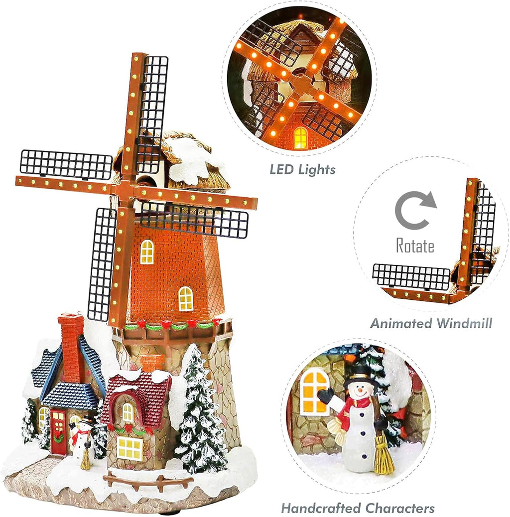 Moments In Time Lighted Windmill Christmas Village Building - Handcrafted LED Holiday Decoration 12.2”