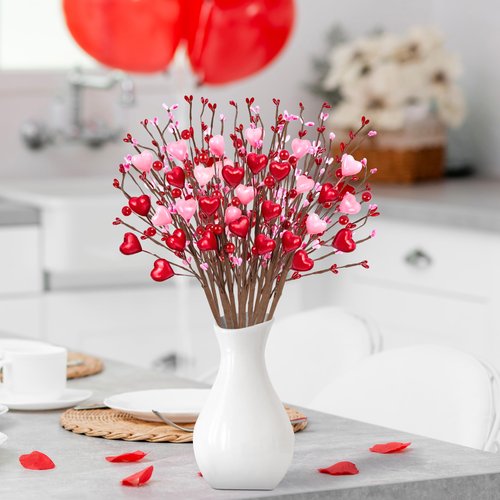 Yen Jean 26Pcs Valentines Decorations Day Artificial Flowers Picks Decor - Berry Stems with Red Pink Heart Gifts for The Home Table Centerpieces - Style 2