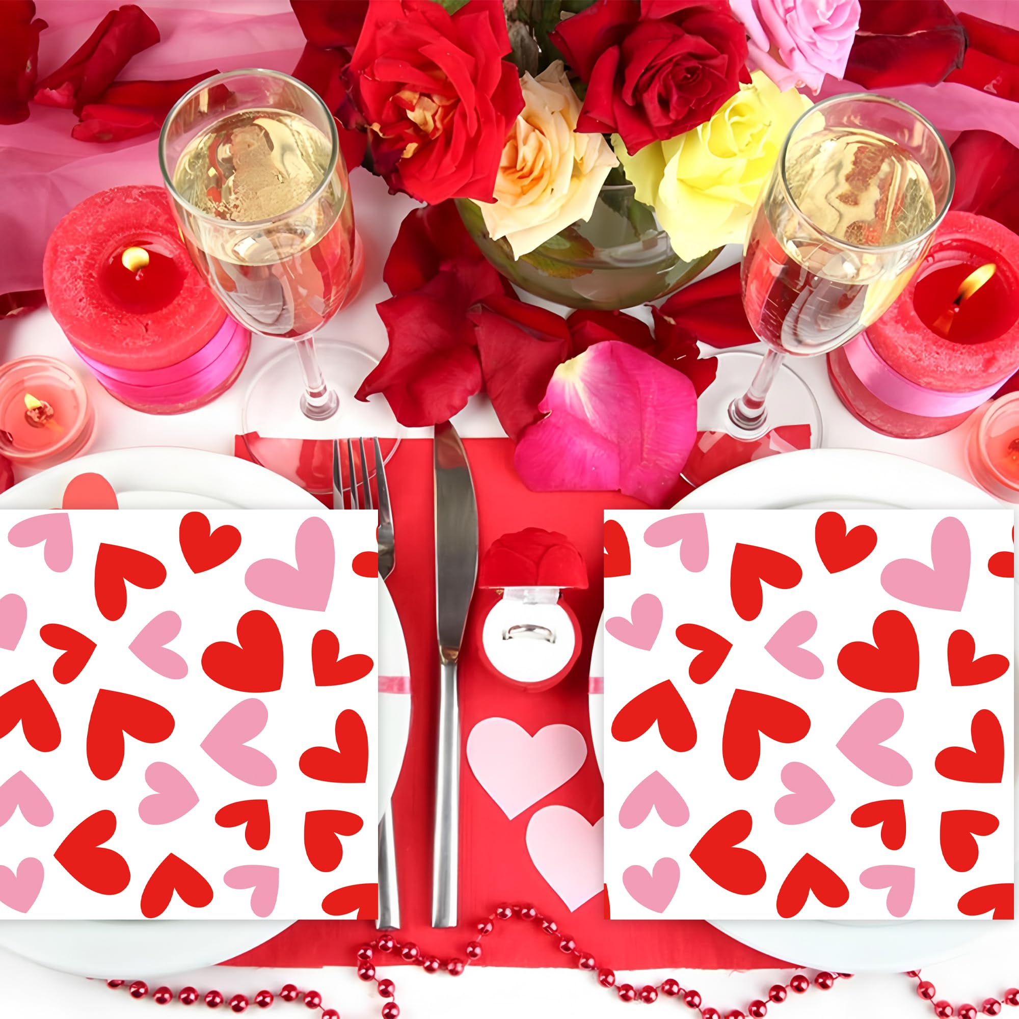 100 PCS Valentines Day Cocktail Napkins 5'' x 5'' Love Heart Disposable Paper Napkins 3 Ply Red Pink Heart Beverage Napkin for Valentines Wedding Anniversary Birthday Party Supplies Dinner Table Decor
