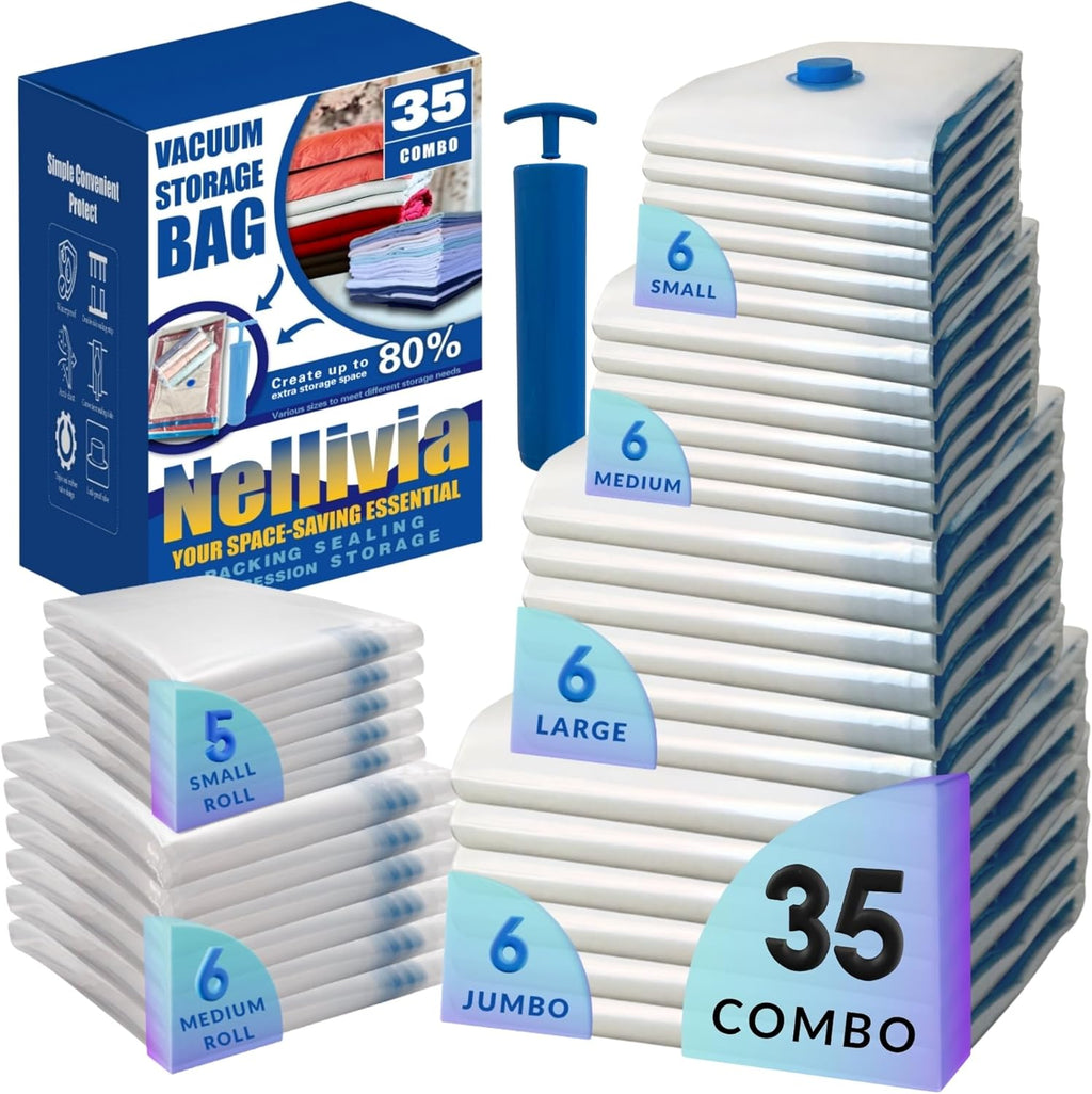 Skiennix 35 Pack Vacuum Storage Bags - Compression Space Saver for Bedding & Clothing | Hand Pump Included