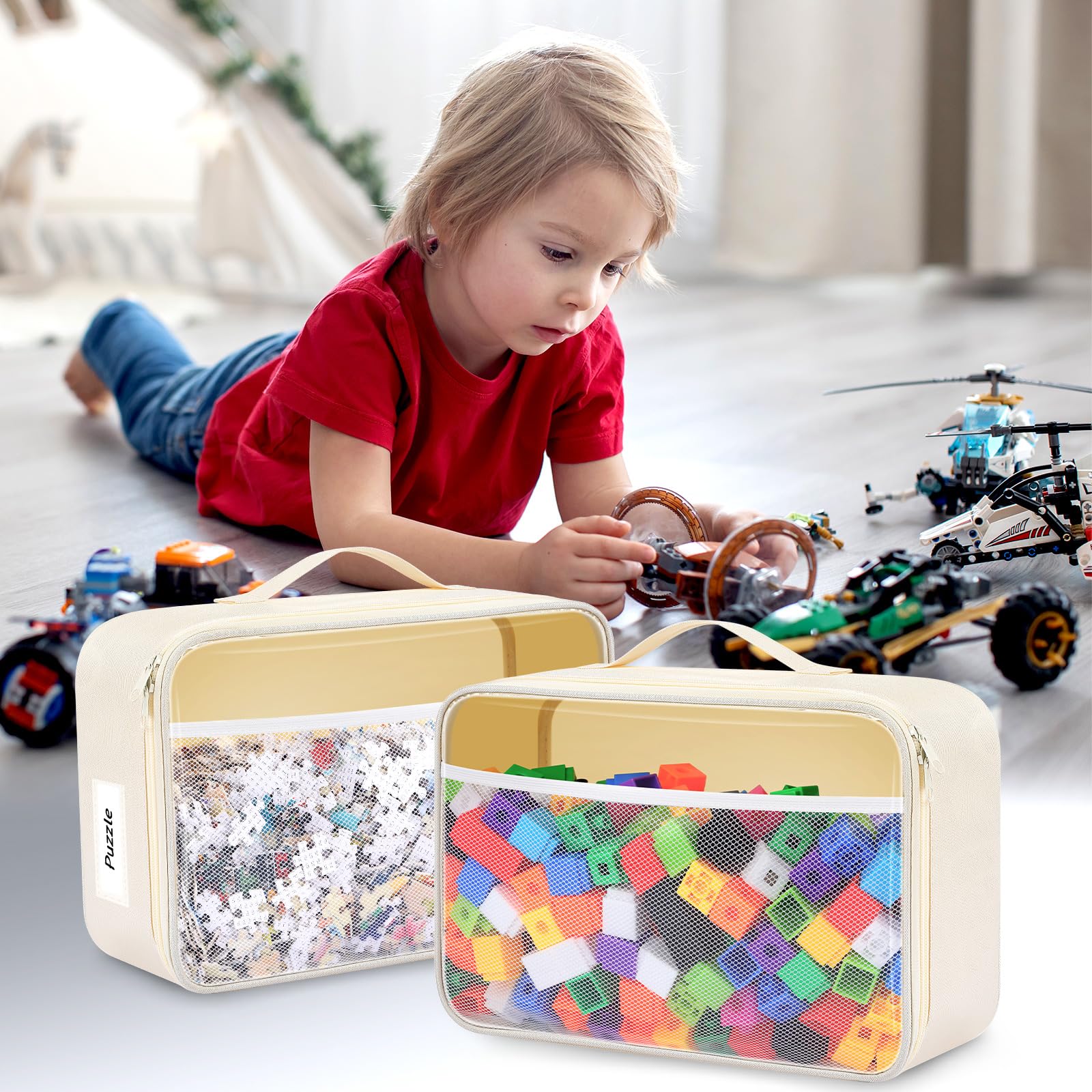 Abbylike 6 Pack Toy Storage Bag Bricks Building Set Car Toy Organization Bags for Traveling Carrying Case, Storage Organizer Puzzles(White)