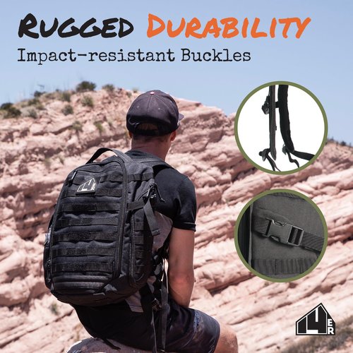 14er Tactical Backpack | 35L Capacity Military, 3-Day Bug Out Army | MOLLE Backpack Compatible PALS | Rucking EDC Hiking Survival, Black Tactical Backpack for Men