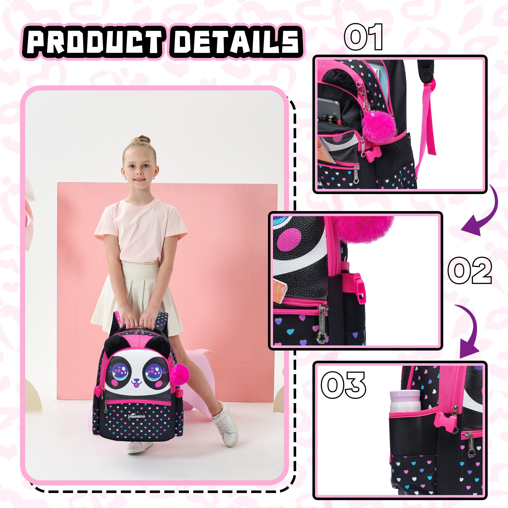 MYHSBYO Panda Kids Backpacks for Girls School Bag with Lunch Box School Backpack for Girls Set Cute Bookbag for Kindergarten