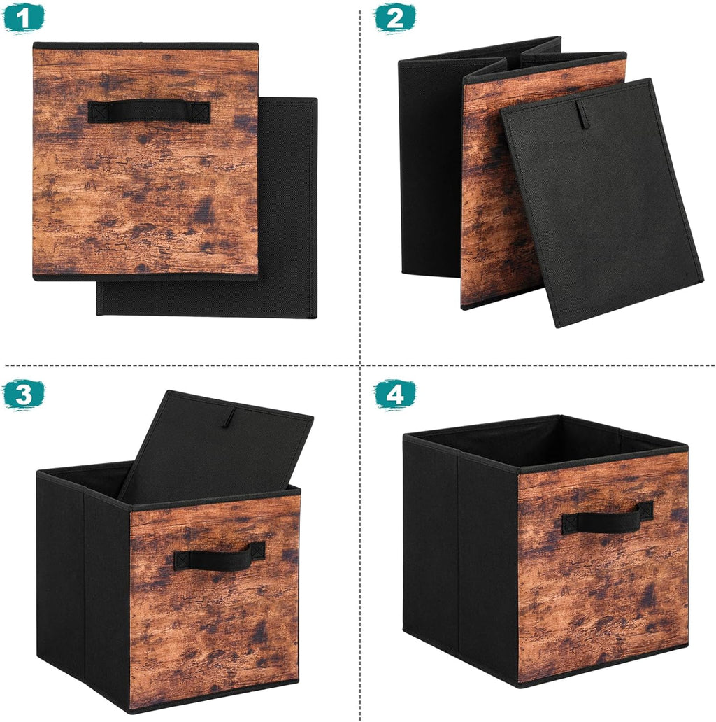 Stero Fabric Storage Cubes - 6 Pack Foldable Bins with Handles | 13 Inch Rustic Brown & Black Organizer