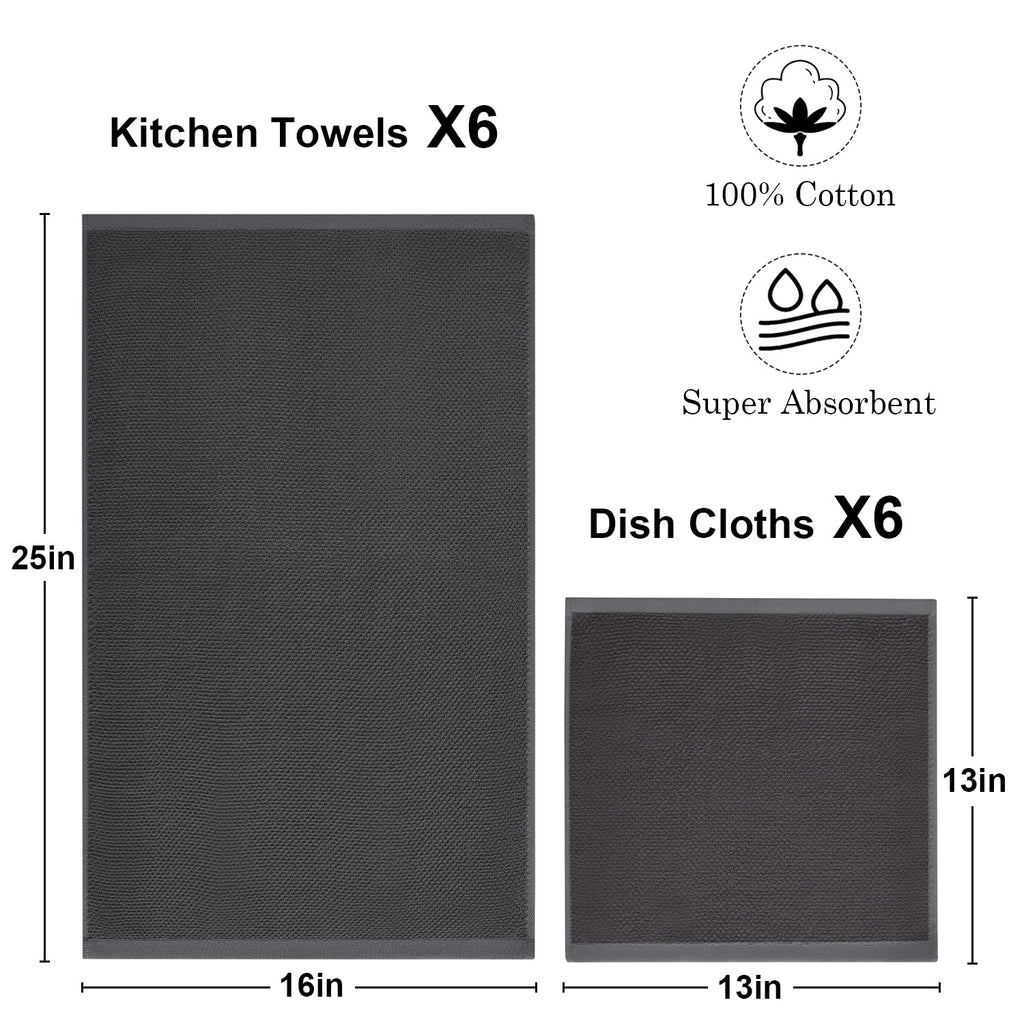 QAJ 12 Pack Kitchen Towels and Dishcloths Set, 100% Cotton Soft and Absorbent Kitchen Towels 16 x 25 inche & 13 x 13inche Dishcloths