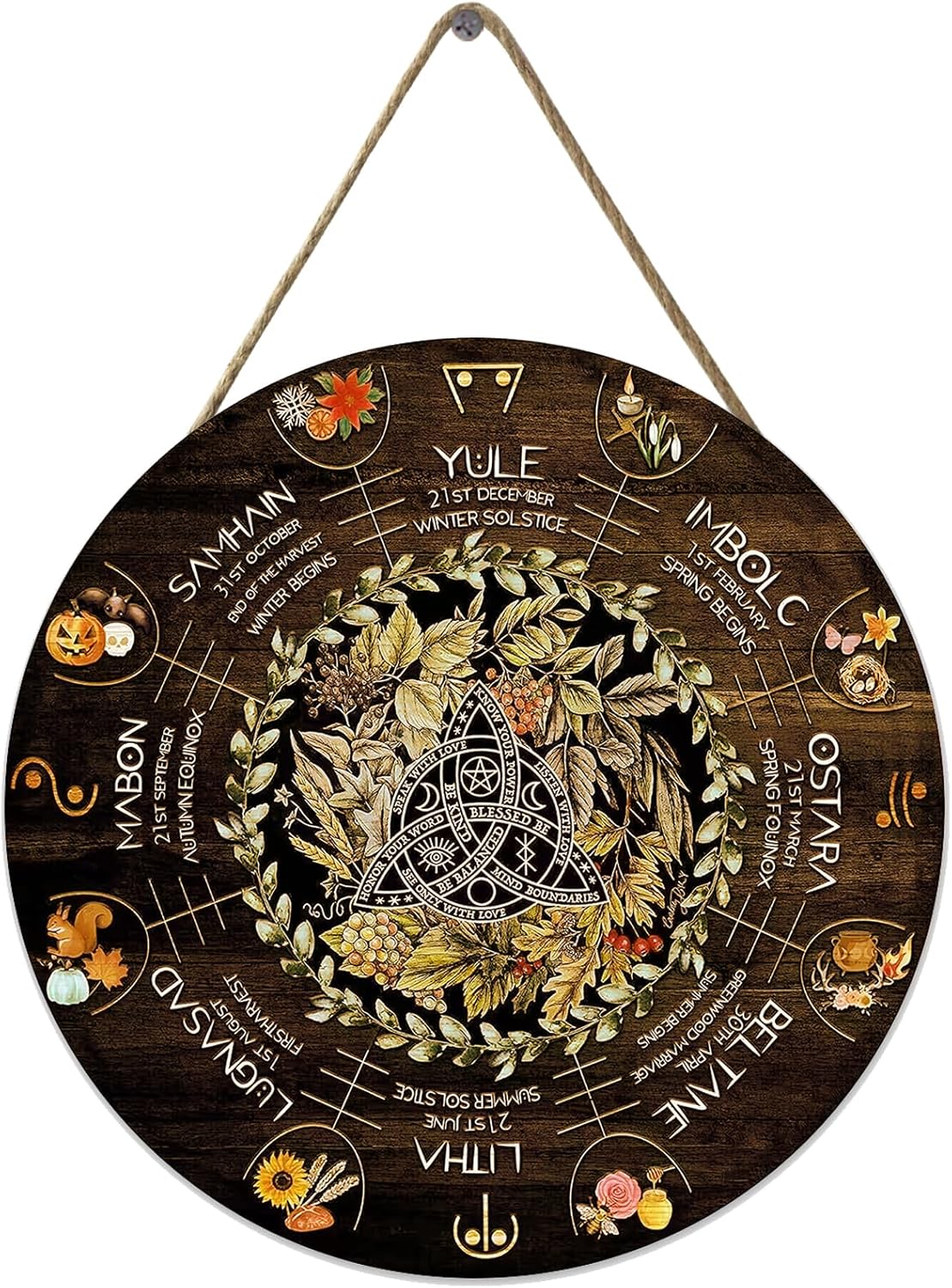 Wheel Year Wood Sign - Sabbats Pagan Witch Calendar for Wiccan Holidays | 12x12 Inch Vintage Decor
