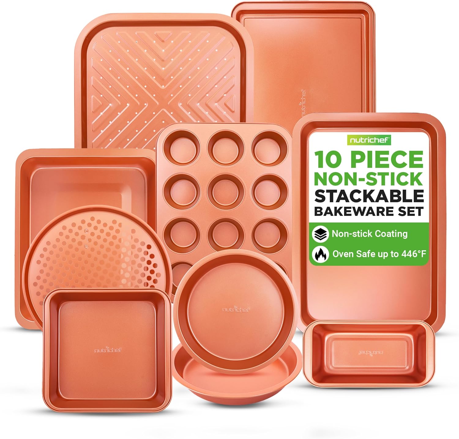 NutriChef 10-Piece Baking Pans Set - Non-Stick Carbon Steel Bakeware, Dishwasher Safe, Gray Finish