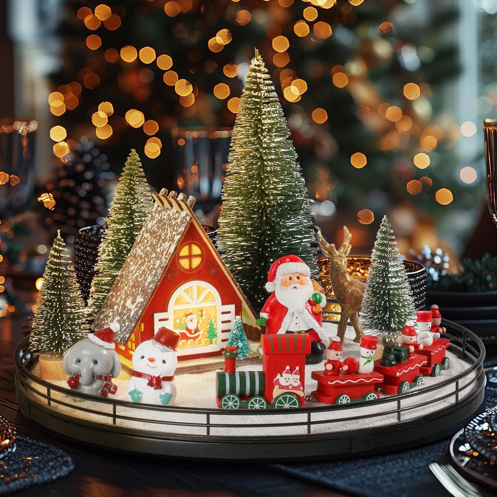 Oroyutor Christmas Village Set - 12 Pcs 13" Oak Wooden Lazy Susan with Santa Train & Trees | Holiday Table Decor