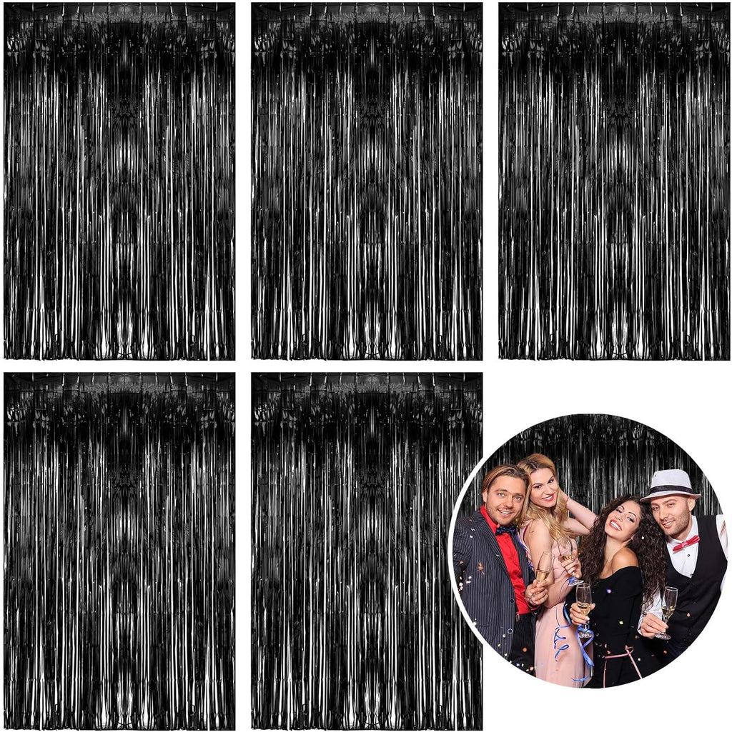 Skiennix Black Metallic Foil Curtain Backdrop - 5 Pack Tinsel Fringe for Parties & Events