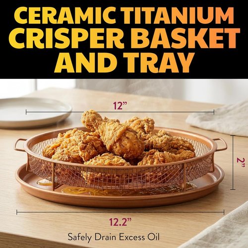GOTHAM STEEL 2-Piece Copper Air Fryer Tray Set - Non-Stick Crisper Baskets for Oven & Dishwasher Safe Use