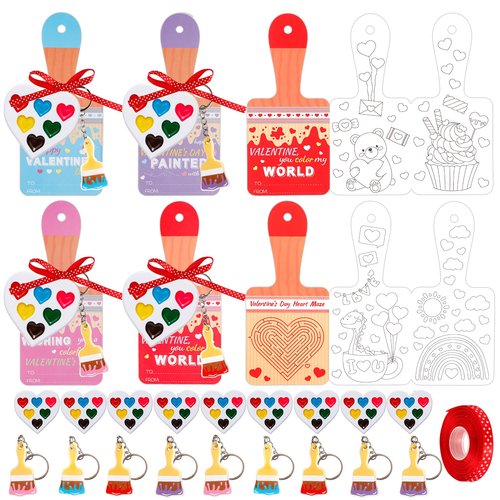 GKLTVB 24 Sets Valentines Day Gifts for Kids,Valentines Cards with Watercolor Paint Bulk and keychain,School Classroom Exchange Gifts for Party Favors