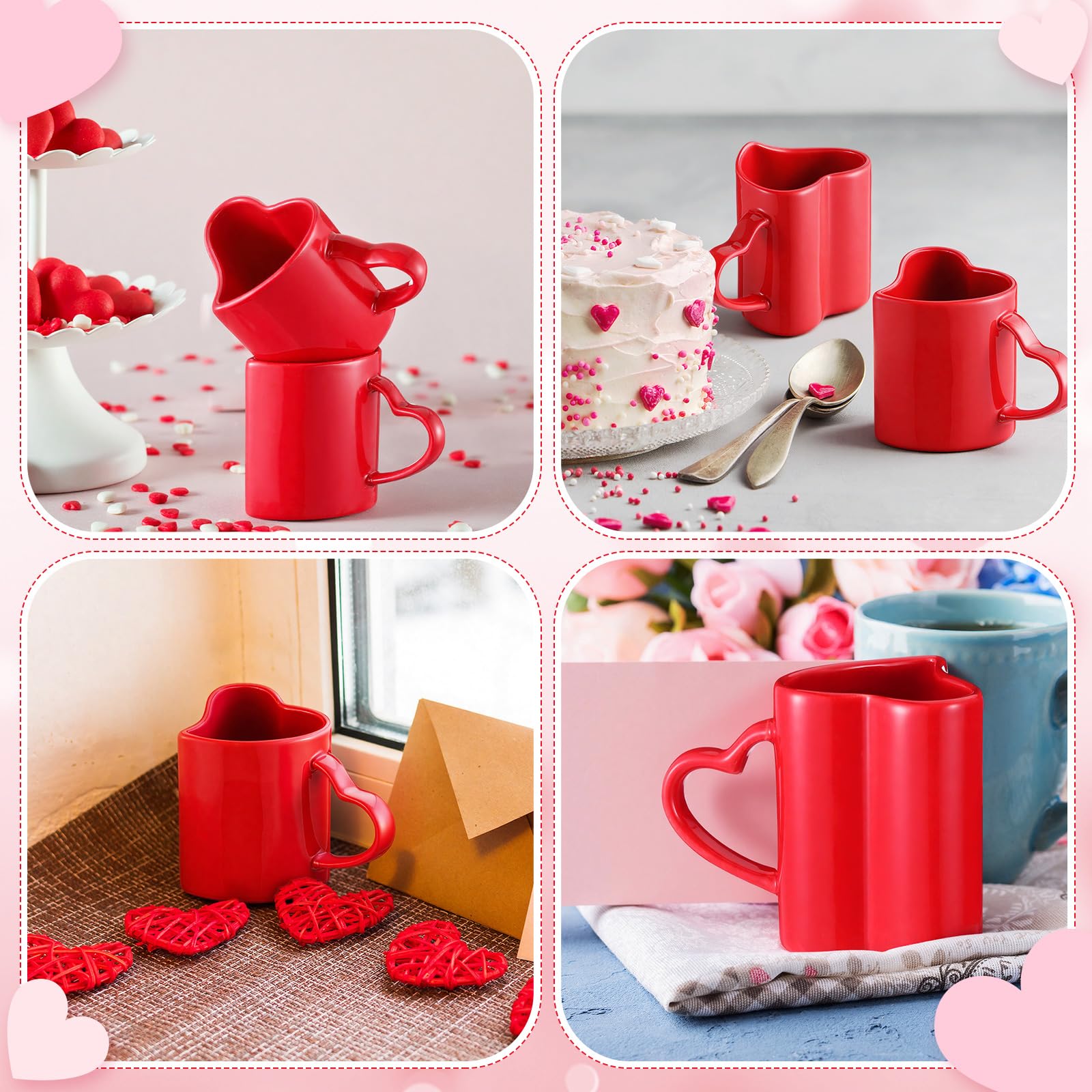 Domensi 2 Pcs Valentines Heart Shaped Mugs Red Heart Coffee Cup 11.8 oz Valentine‘S Day Ceramic Mug with Handle Love Tea Cup Gift for Romantic Valentines Wedding Anniversary Couple Lover Decoration