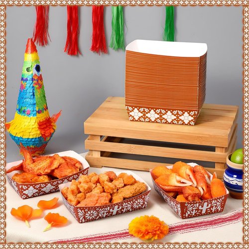 Funrous 100 Pcs Mexican Paper Food Trays - Pre-Assembled Taco Boats for Fiesta & Party Decor