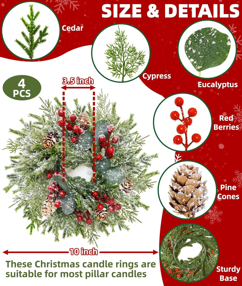 Regine Switzerland Mini Christmas Wreath Candle Rings - Flocked 10"x3.5" Snowy Pinecone & Red Berry Decor