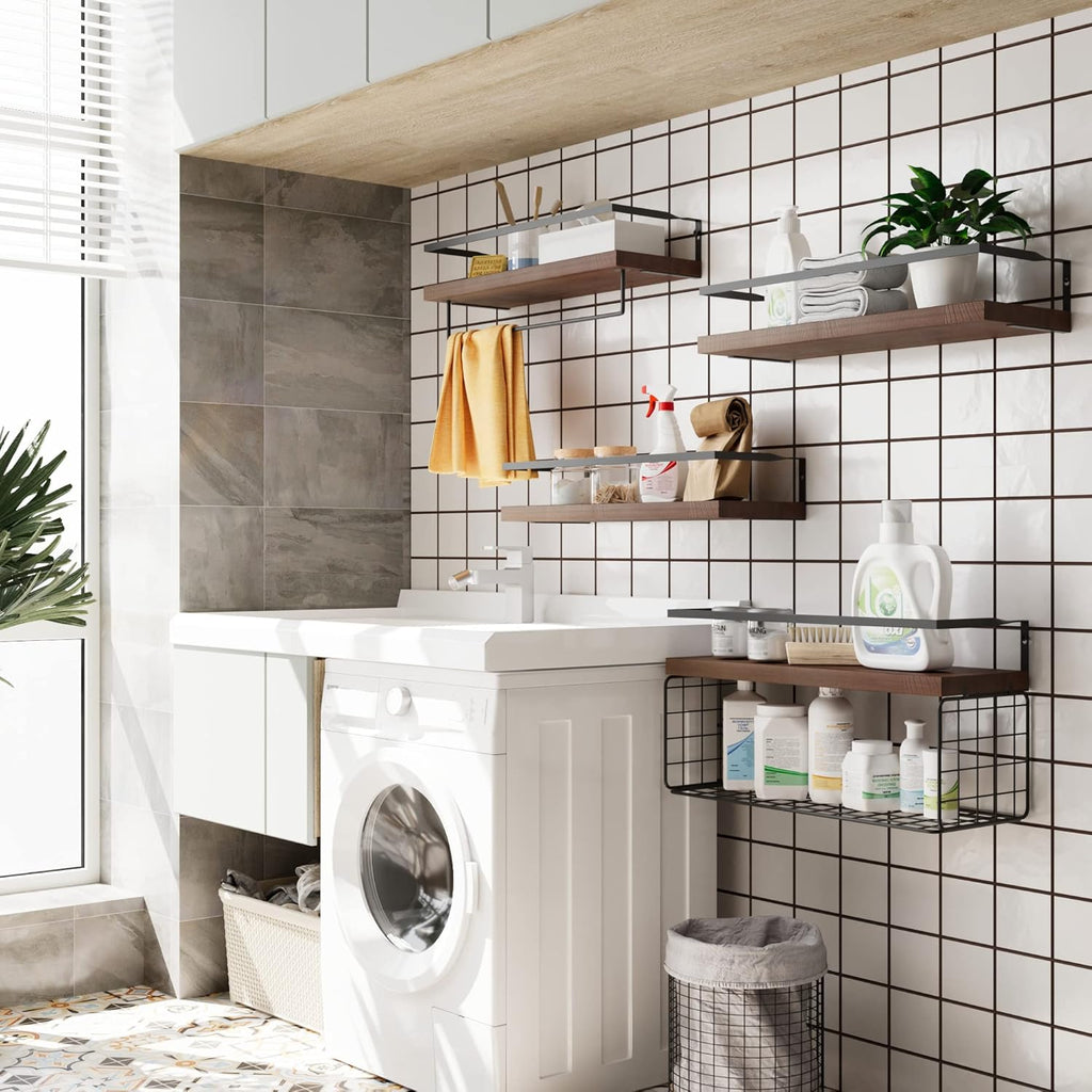 Wood Floating Shelves by [Brand Name] - Rustic Wall-Mounted 4-Tier Bathroom Shelf Set with Basket & Towel Bar