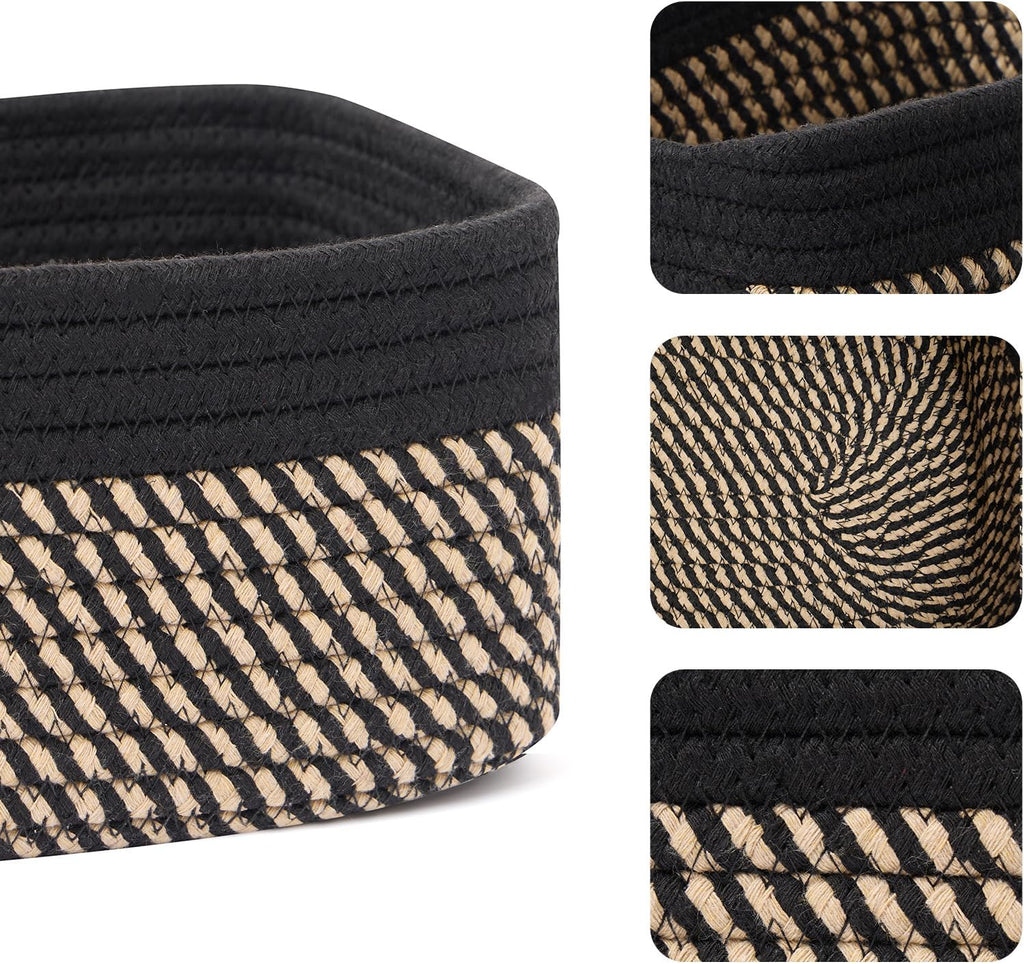 MiniArk Small Storage Baskets - Organizing Bins for Closet & Shelf | Woven Rope | 11.5x7.5x4.7” | 3 Pack in Black & Brown
