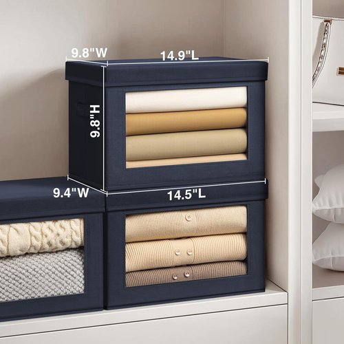 Homsorout Stackable Storage Bins - Medium Foldable Closet Organizers with Lids, 5-Pack, Navy Blue