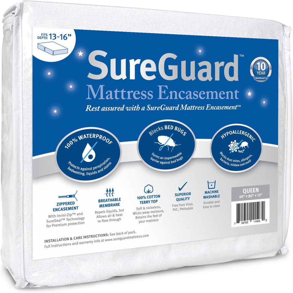 SureGuard Queen Mattress Encasement - 100% Waterproof, Bed Bug Proof, Hypoallergenic | Deep 13-16 in. Cover