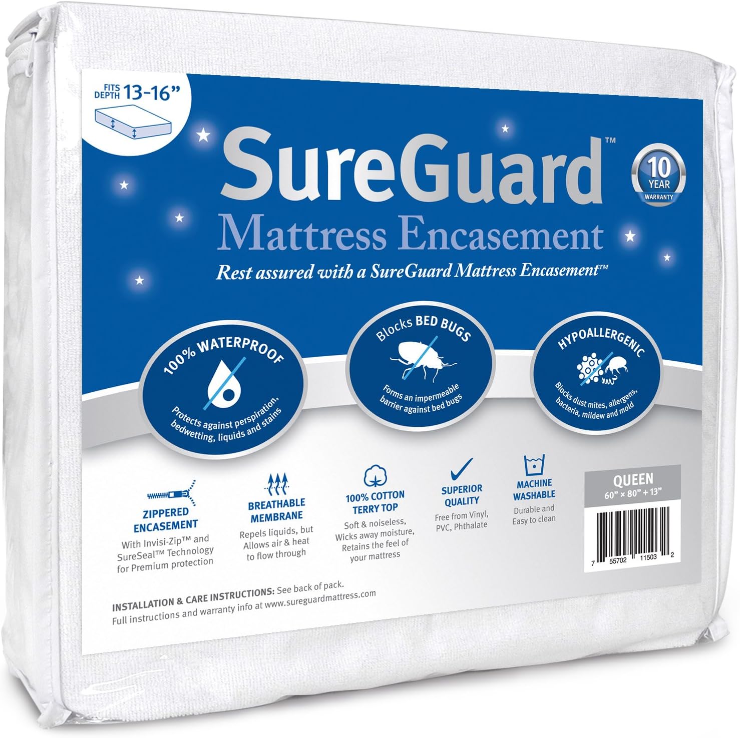 SureGuard Queen Mattress Encasement - 100% Waterproof, Bed Bug Proof, Hypoallergenic | Deep 13-16 in. Cover