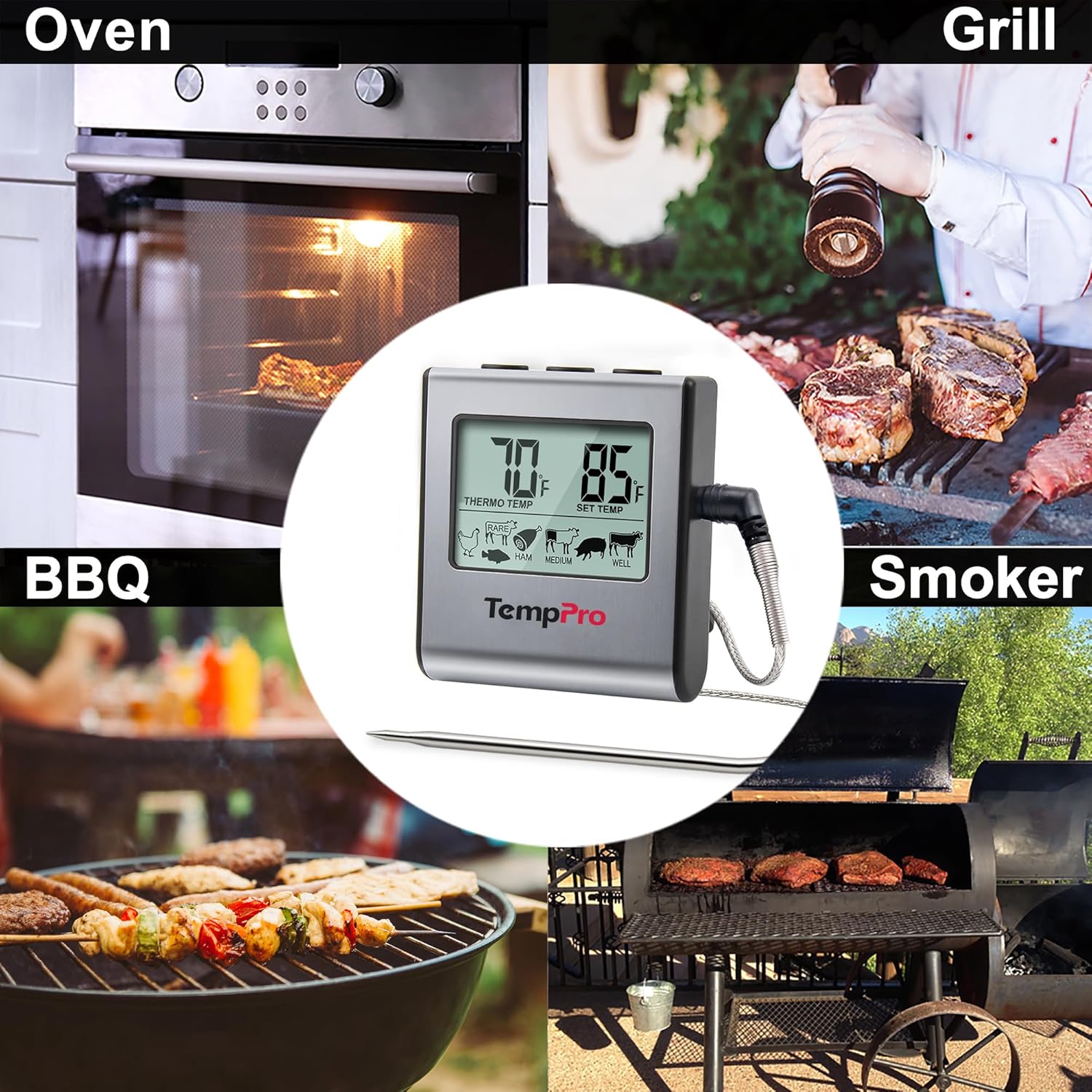 TempPro TP16 Digital Cooking Thermometer - Large LCD Display & Stainless Steel Probe for BBQ, Oven, Smoker