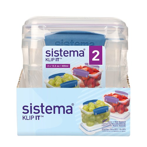 Sistema Klip It Food Storage Containers, 400 mL, Assorted Colours, 2 Pack